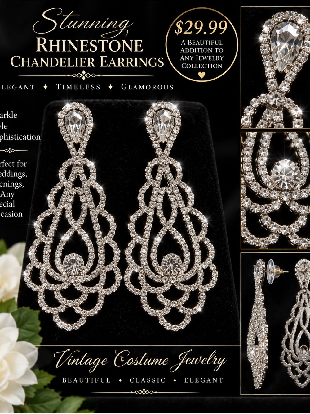 Stunning Vintage Rhinestone Chandelier Earrings - Silver